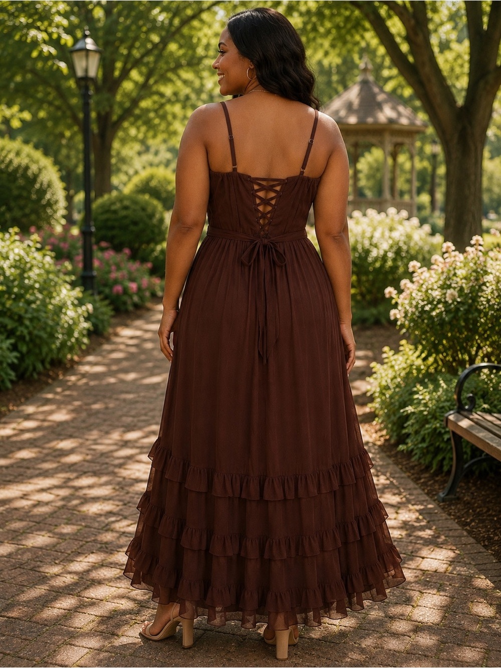 Elegant Chocolate Brown Ruffle Maxi Dress, Size 12 - Picture 4 of 4